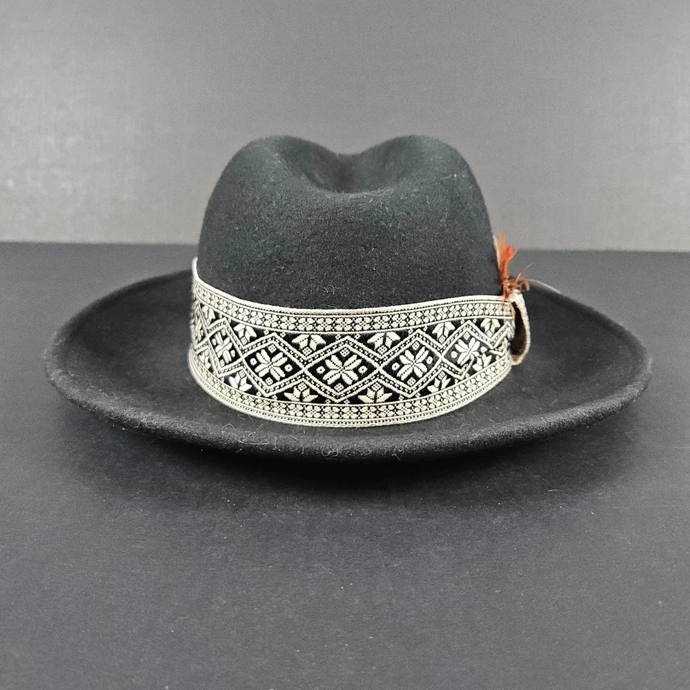 Gypsy Warrior Black Wool Fedora Hat Embellished Band Feather Detail‎ One Size